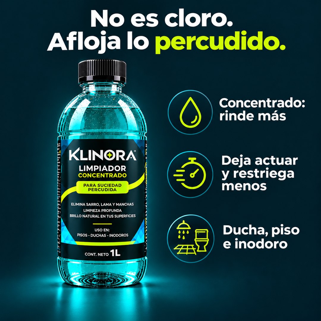 No es cloro: KLINORA afloja lo percudido. Concentrado, deja actuar y restriega menos