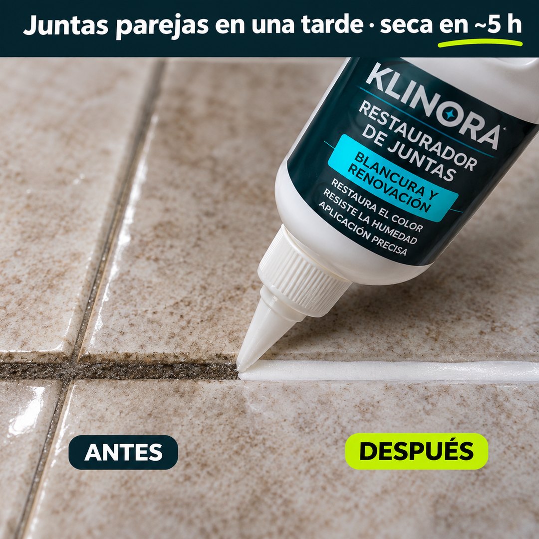Ilustración de antes y después: junta oscura y junta pareja con el Restaurador KLINORA, seca en unas 5 horas