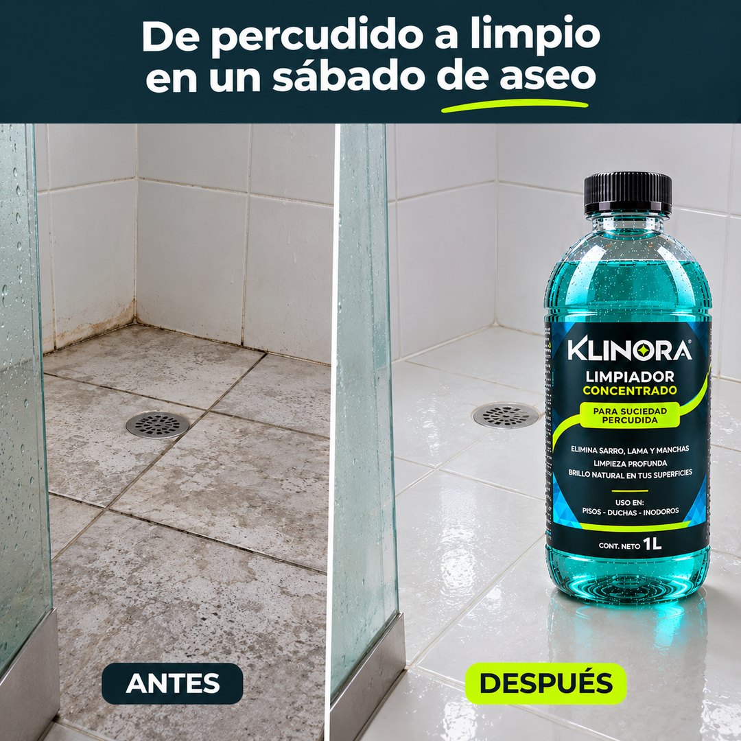 Ilustración de antes y después: ducha percudida y la misma ducha limpia con KLINORA